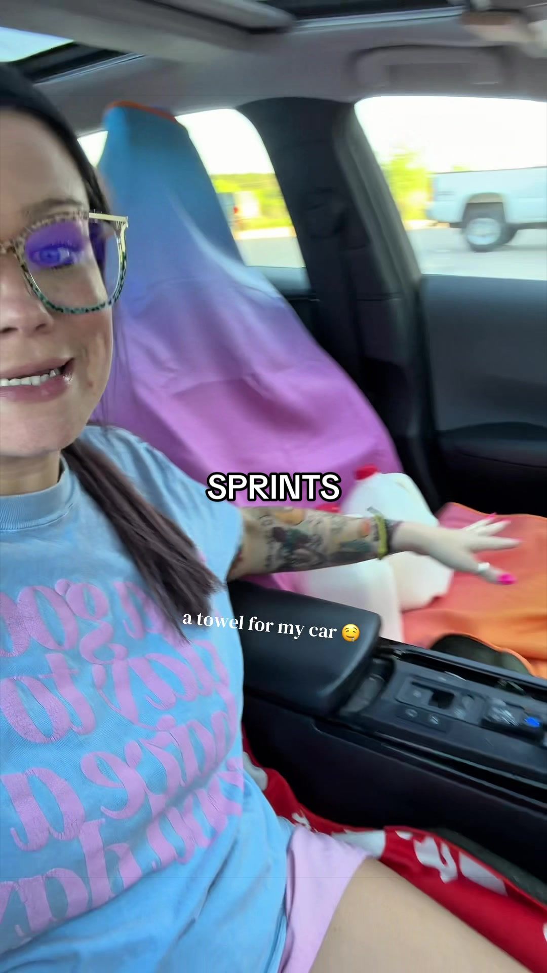 TikTok post by @maryalyssacarr for Sprints. Caption reads: [...] cover? Say lesssss #cartowel #seatcover....