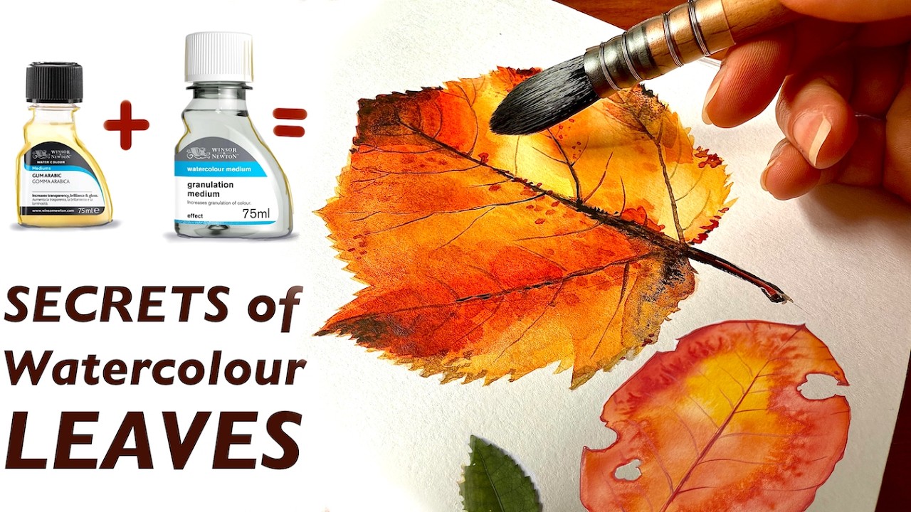 YouTube post by @LeilaAtaya for MEEDEN ART. Caption reads: Unlock 13 MESMERISING Leaf Painting Techniques🍁....