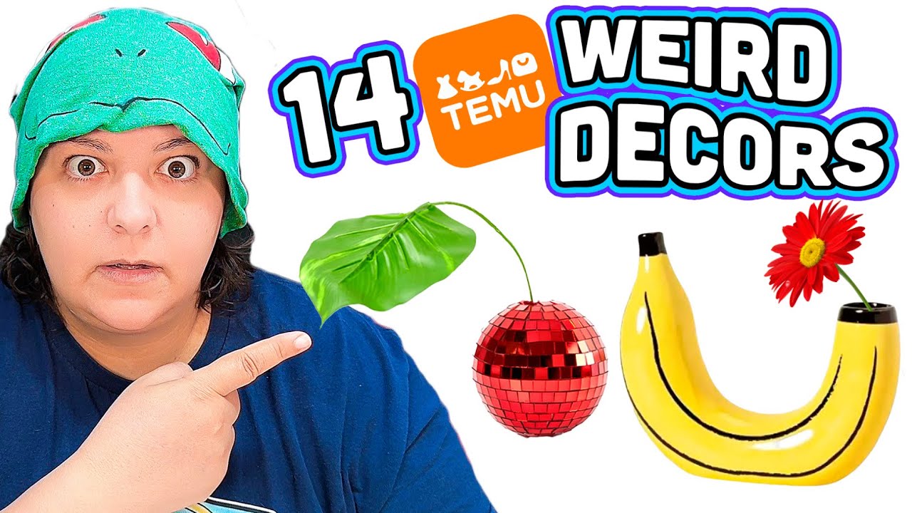 YouTube post by @nerdecrafter for Prettylitter. Caption reads: I Review MOST Bizarre Home Decorations Temu Haul.