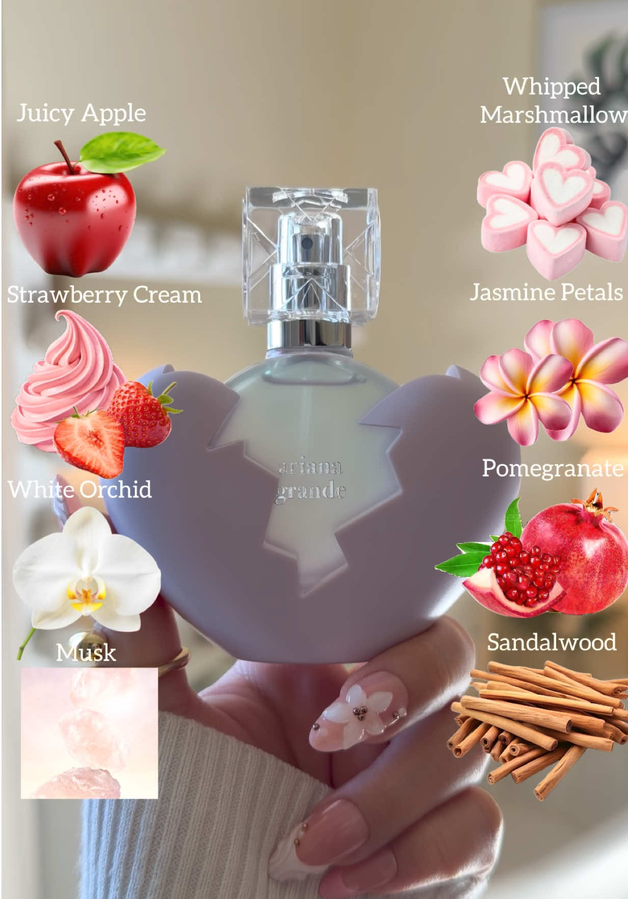 TikTok post by @gabbyfragrances for Ariana Grande Fragrances. Caption reads: [...] Grande Thank U Next 2.0🍎🌸@Ariana Grande....