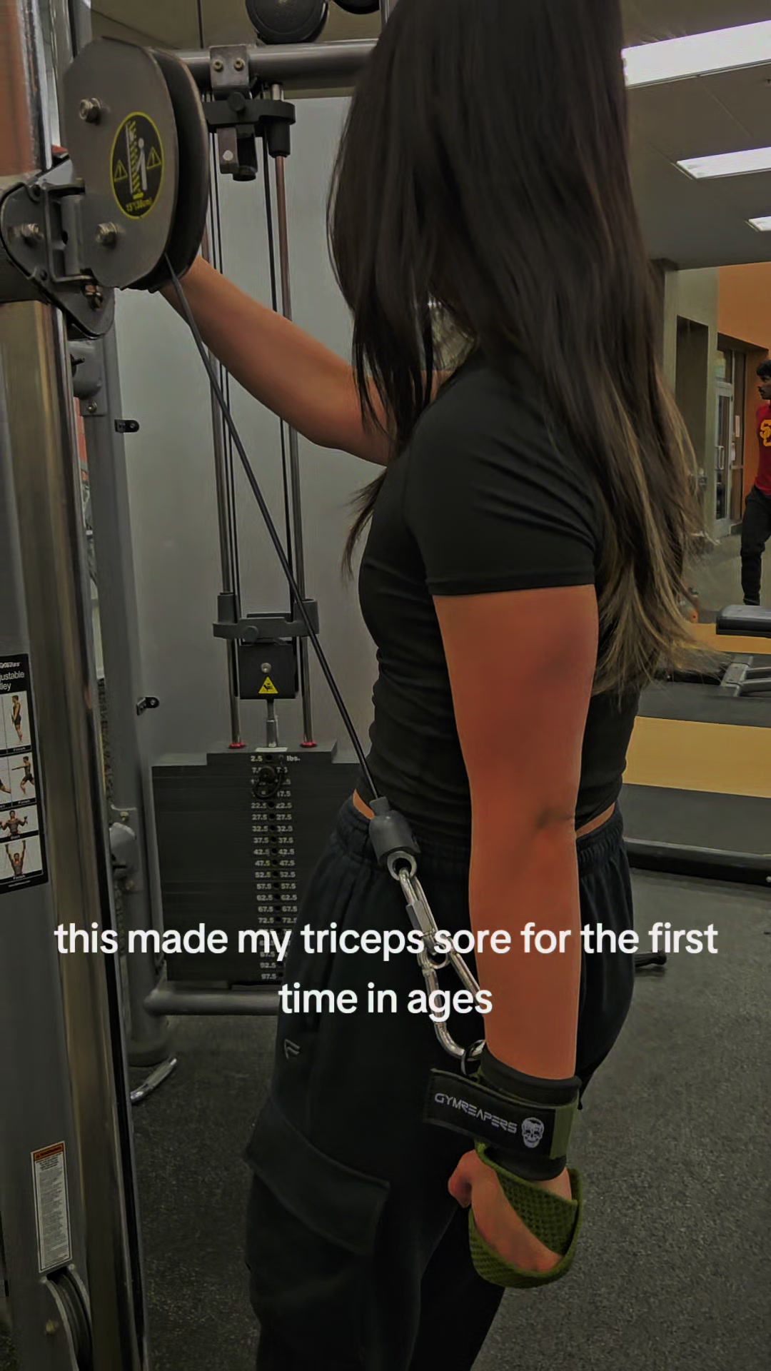 TikTok post by @uncomfydumpy for Gymreapers. Caption reads: bless u wrist straps @Gymreapers  #gymtok #triceps....