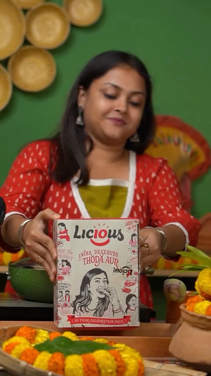 Instagram post by @tint.and.taste for Licious. Caption reads: Durga Pujo = friends, family and food that makes....