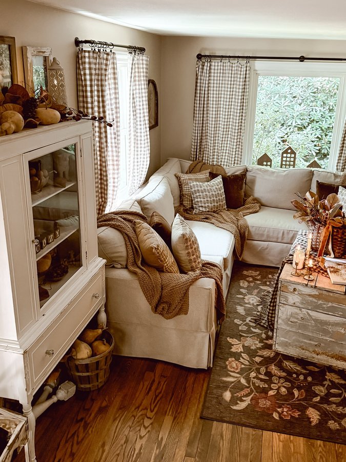 Instagram post by @our.cozy.little.home for Cottages & Bungalows Magazine. Caption reads: Sharing some cozy captures of our living room....