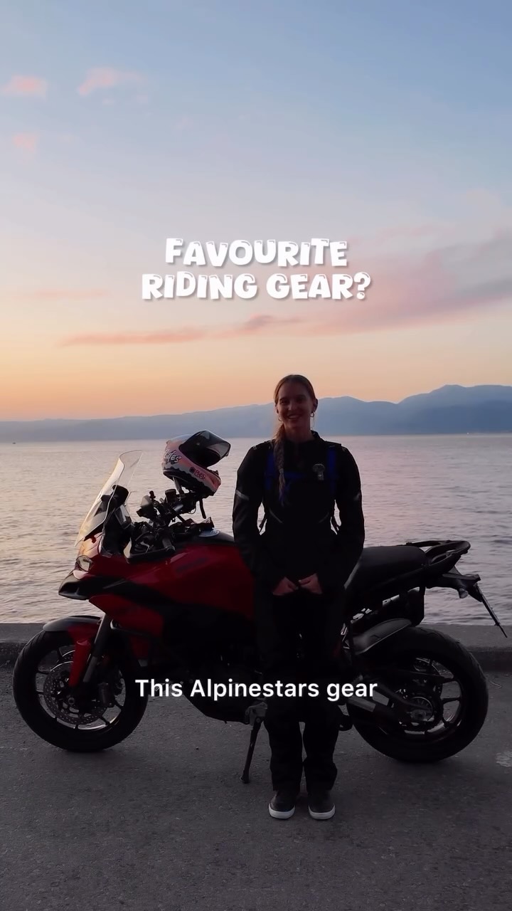 Instagram post by @dominika_rides for HJC Helmets. Caption reads: My new favourite Riding Gear from @alpinestars....