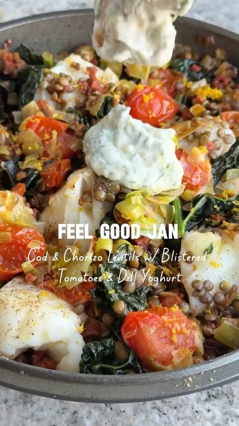 Instagram post by @susieflory for Waitrose. Caption reads: Lemony Cod w/ Chorizo Lentils, Blistered Tomatoes....