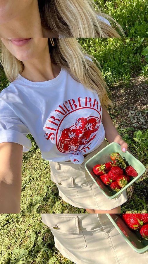 Instagram post by @gigiibee for Wish. Caption reads: jammin out + eating strawberries in the sunshine....