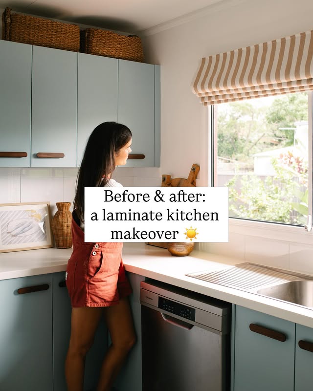 Instagram post by @genevavanderzeil for Benjamin Moore. Caption reads: [...] painting over laminate using Benjamin Moore....