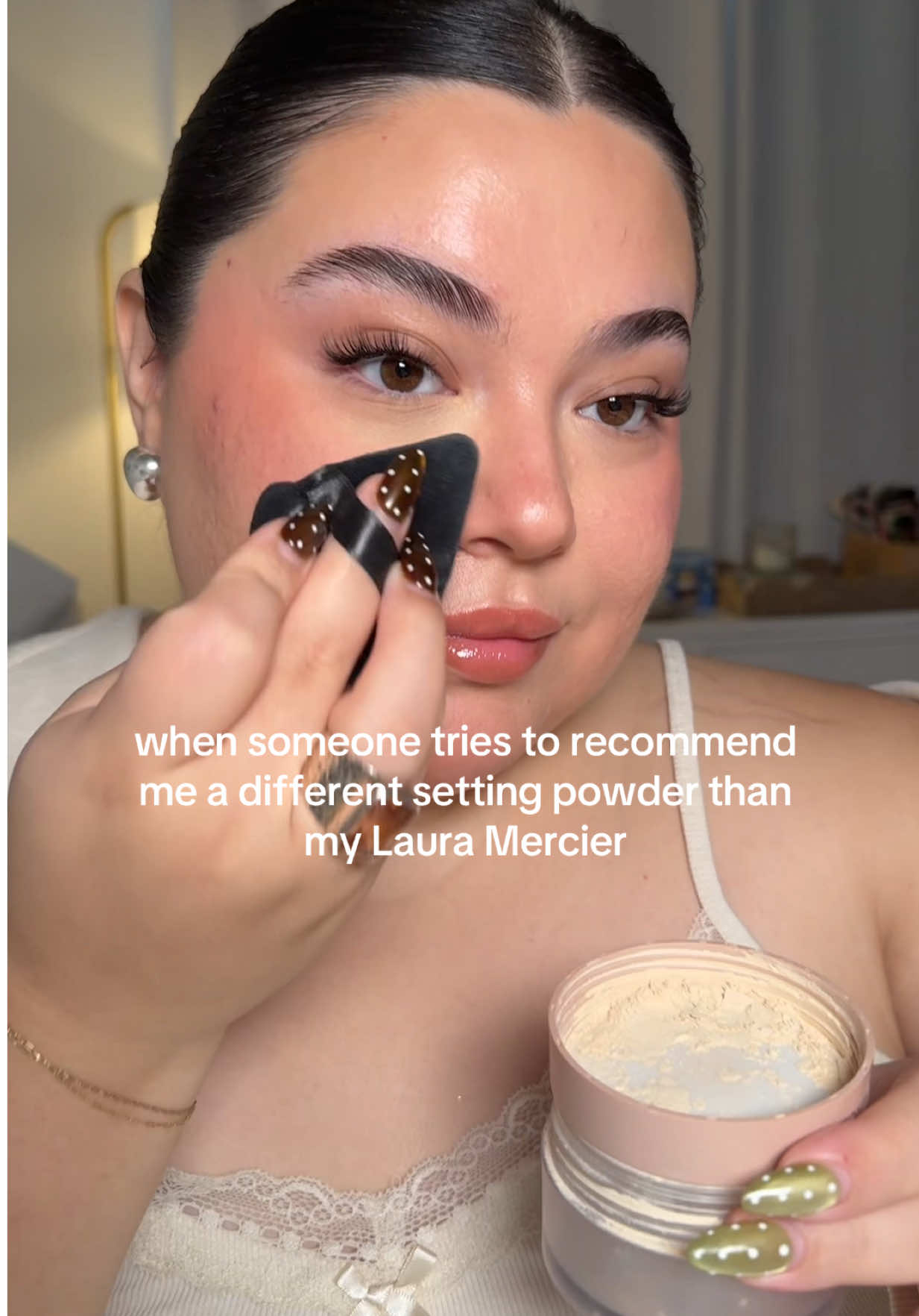 TikTok post by @all.things.jas for Laura Mercier. Caption reads: @Laura Mercier loose setting powder will forever....