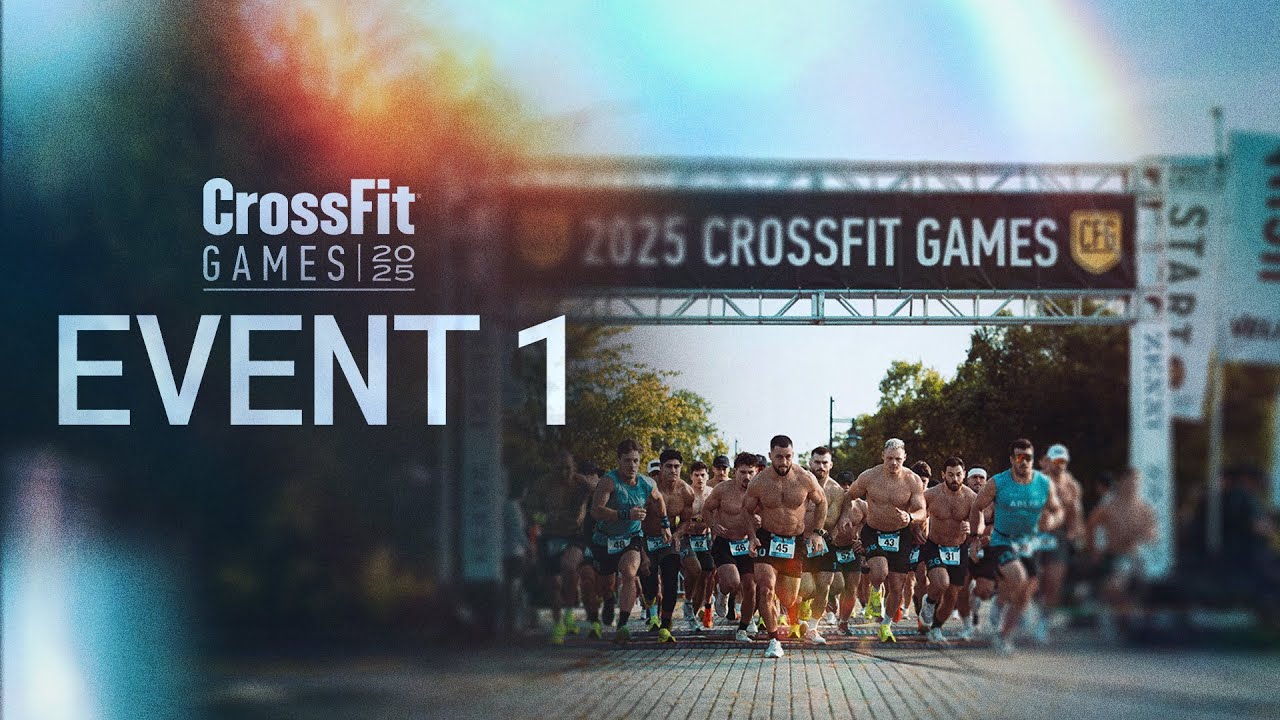 YouTube post by @CrossFitGamesTV for CrossFit. Caption reads: 2025 CrossFit Games, Men’s and Women's Event 1.