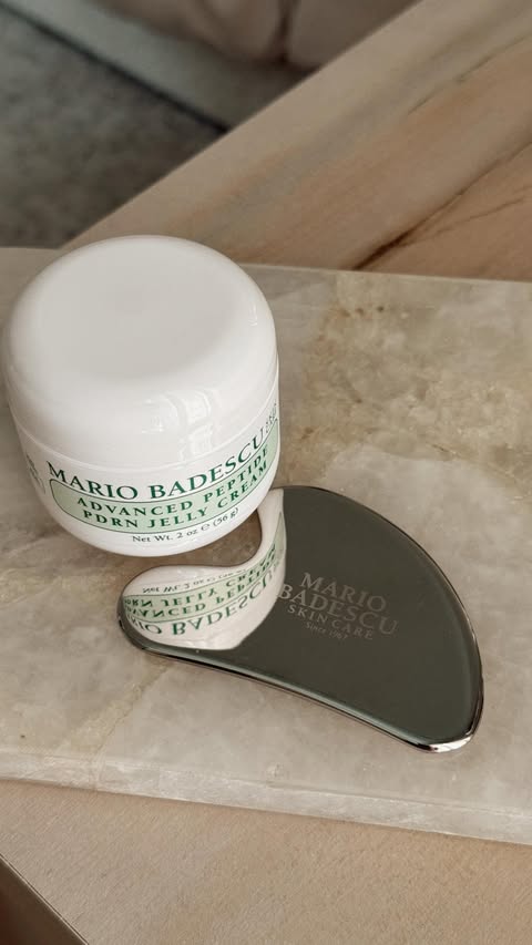 Instagram post by @hayleylarue for Mario Badescu. Caption reads: [...] PDRN Jelly Cream: $20 Gua Sha: $15....