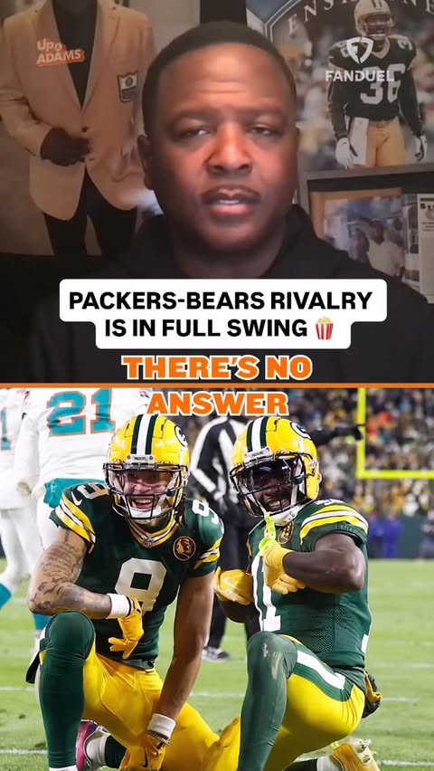 Instagram post by @heykayadams for FanDuel. Caption reads: Packers-Bears round 3 is on 🍿.