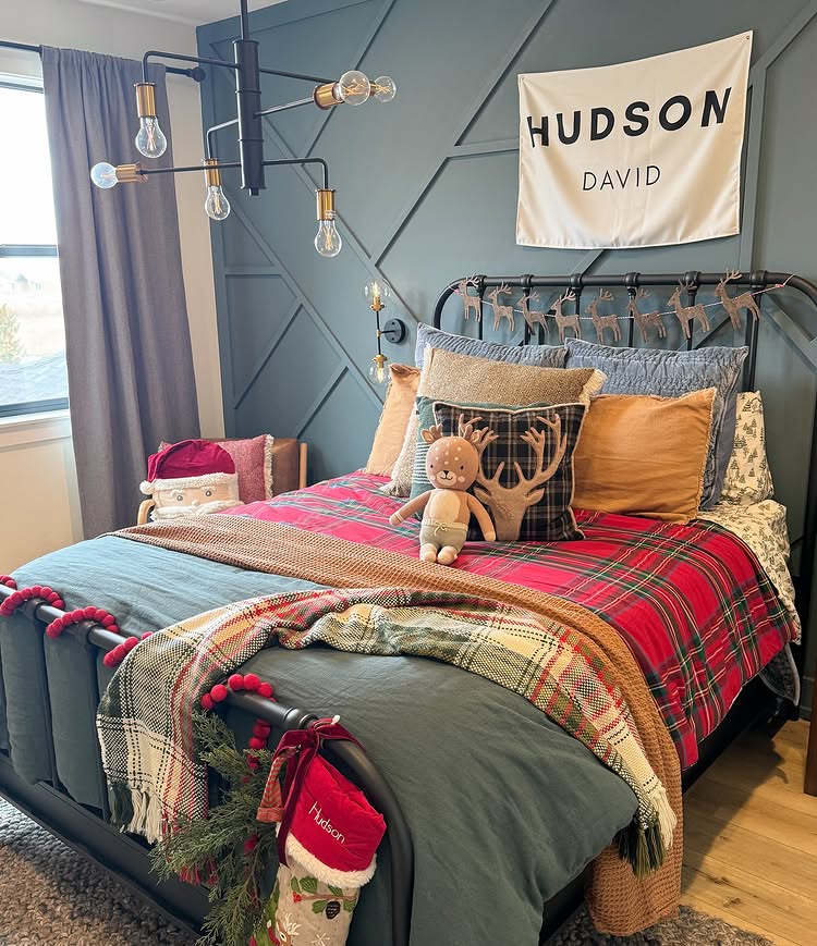 Instagram post by @themassonco for Levtex Home. Caption reads: [...] comforters + reindeer pillows from....