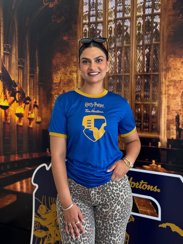 Instagram post by @nishita.manchanda for Tim Hortons. Caption reads: A Day with @timhortons x @harrypotter 🧋🤝🪄 Pants....
