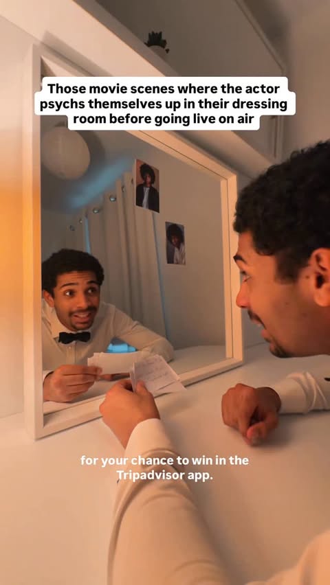 Instagram post by @theo_shakes for Tripadvisor. Caption reads: [...] always the mirror talk 🤣 Breaking:....