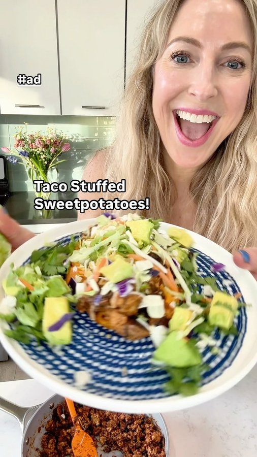 Instagram post by @djblatner for NC Sweetpotatoes. Caption reads: Turn your SWEETPOTATOES into TACOS! #ad Bake....