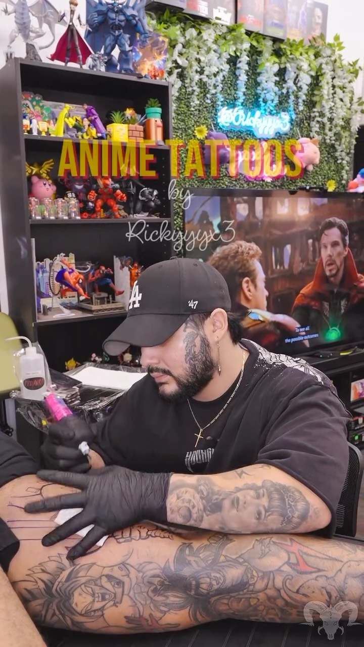 Instagram post by @epicgamerink for Eternal Ink. Caption reads: Locked in with these anime pieces lately....