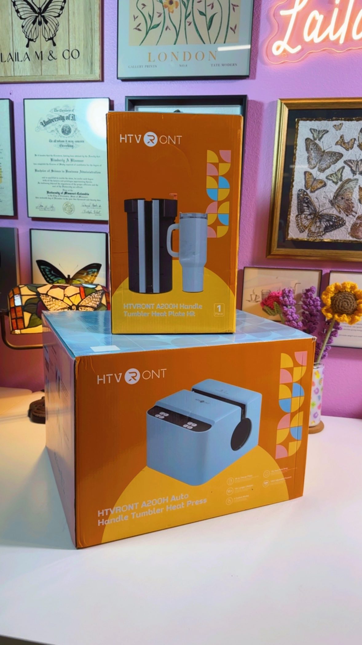 Instagram post by @lailamandco for HTVRONT. Caption reads: Trying out the new @htvront A200 Tumbler Heat....