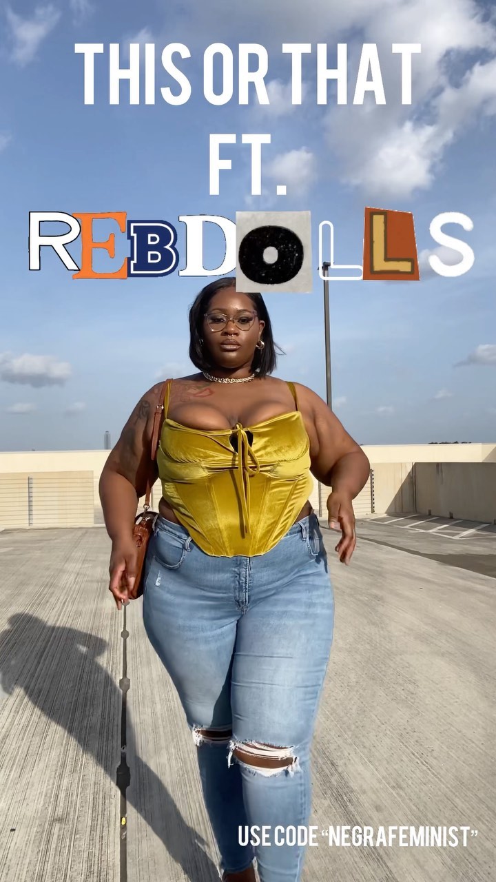 Instagram post by @negrafeminist for REBDOLLS. Caption reads: This or That ft. @rebdolls ! Which look was more....