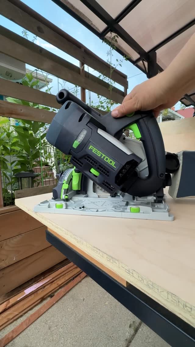 Instagram post by @pinksoulstudios for Festool USA. Caption reads: Which Festool track saw do you prefer? 
Corded or....