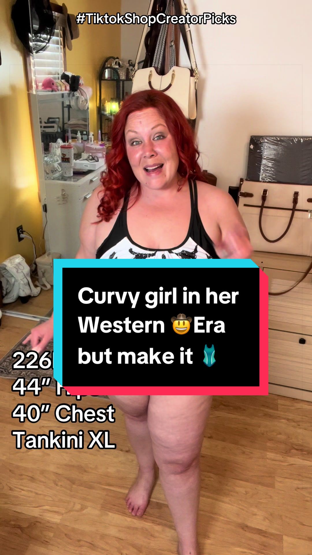 TikTok post by @cynssupersavings for SheShow. Caption reads: @SheShow send me the cowgirl 🤠 tankini and [...].