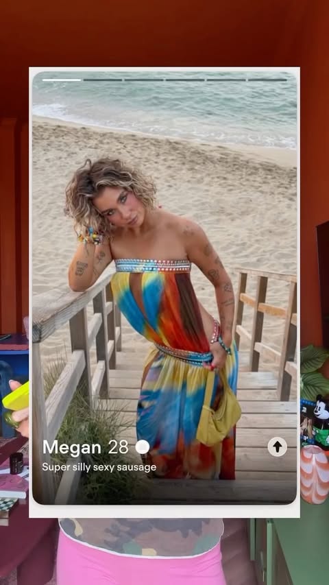 Instagram post by @meganowelsh for Tinder. Caption reads: [...] Fine tune your dates on Music Mode at....
