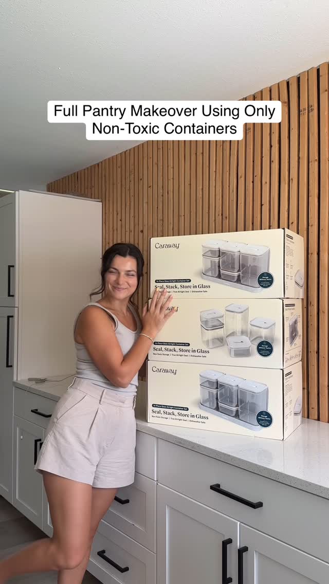 Instagram post by @marinakucheynik for Caraway Home. Caption reads: Making a switch from plastic to nontoxic, safer....