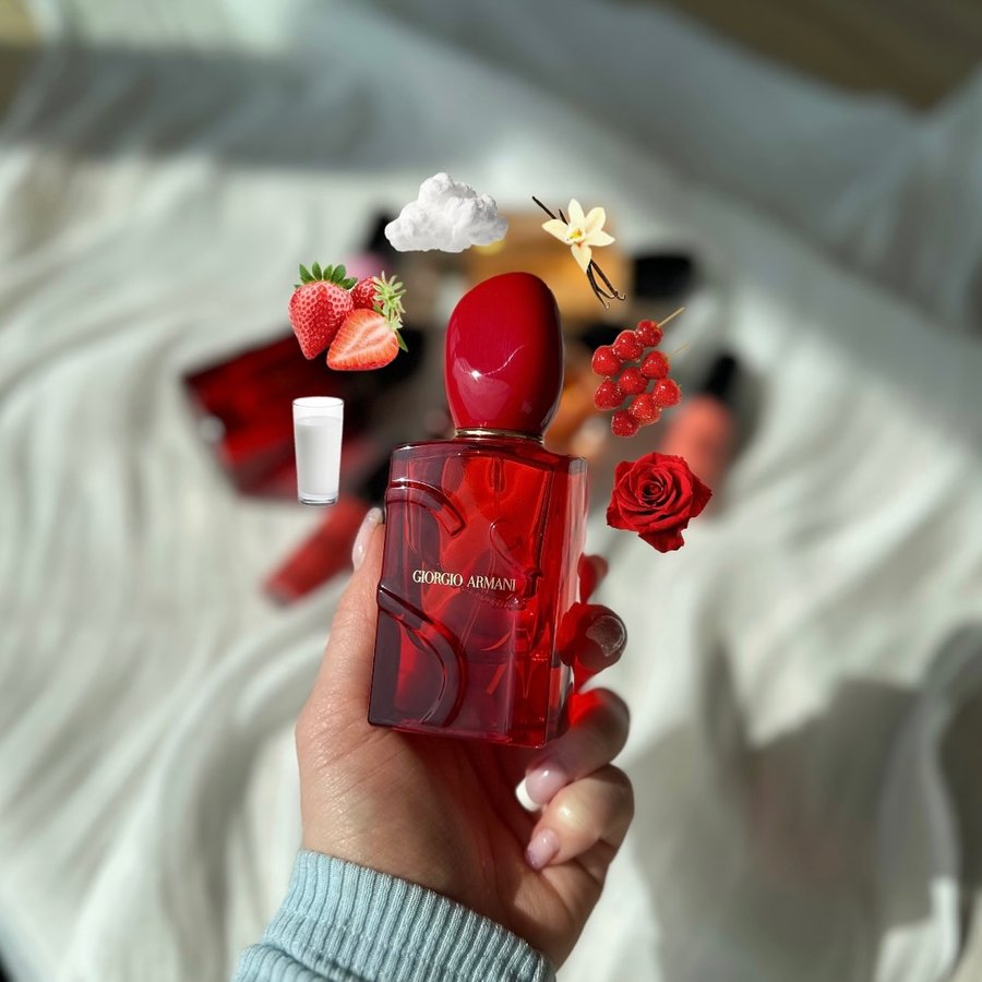 Instagram post by an influencer for Armani beauty. Caption reads: [...] for hours. PR | @armanibeauty #perfume....