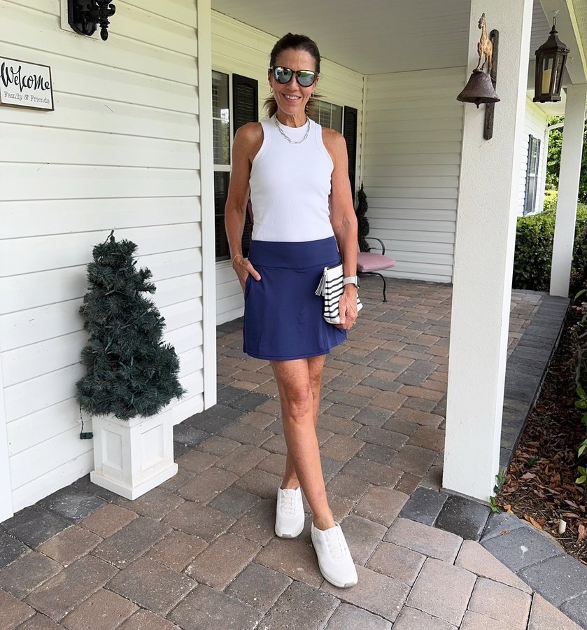 Instagram post by @emilysarmo for Melinda Maria. Caption reads: Are skorts here to stay?  I’m not sure if you are....