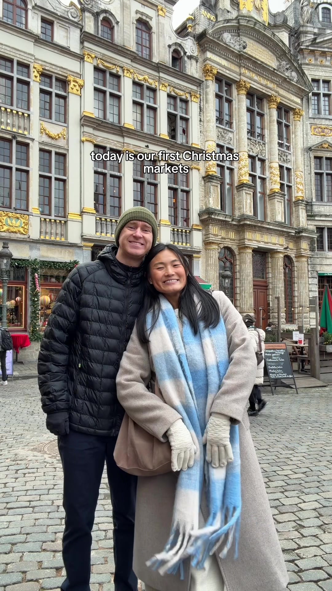 TikTok post by @claireandpeter for Airalo. Caption reads: day 1 with @Airalo 🎄HI BRUSSELS!!  -use C&P for....
