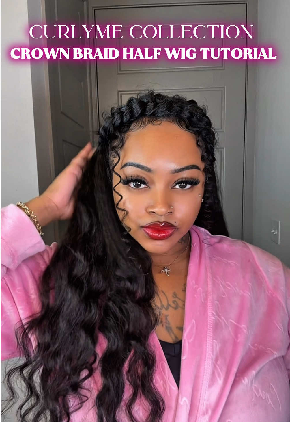 TikTok post by @stylisttraceyshenise for Curlyme. Caption reads: [...] kinky straight half wig from @CurlyMe Hair....