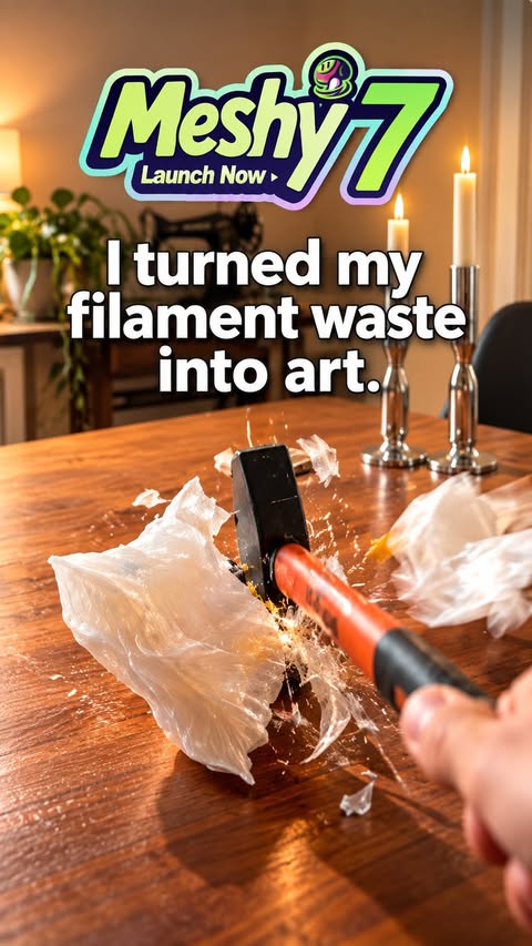 Instagram post by @noah.builds_ for Meshy. Caption reads: [...] my filament waste into art. ♻️ I used....