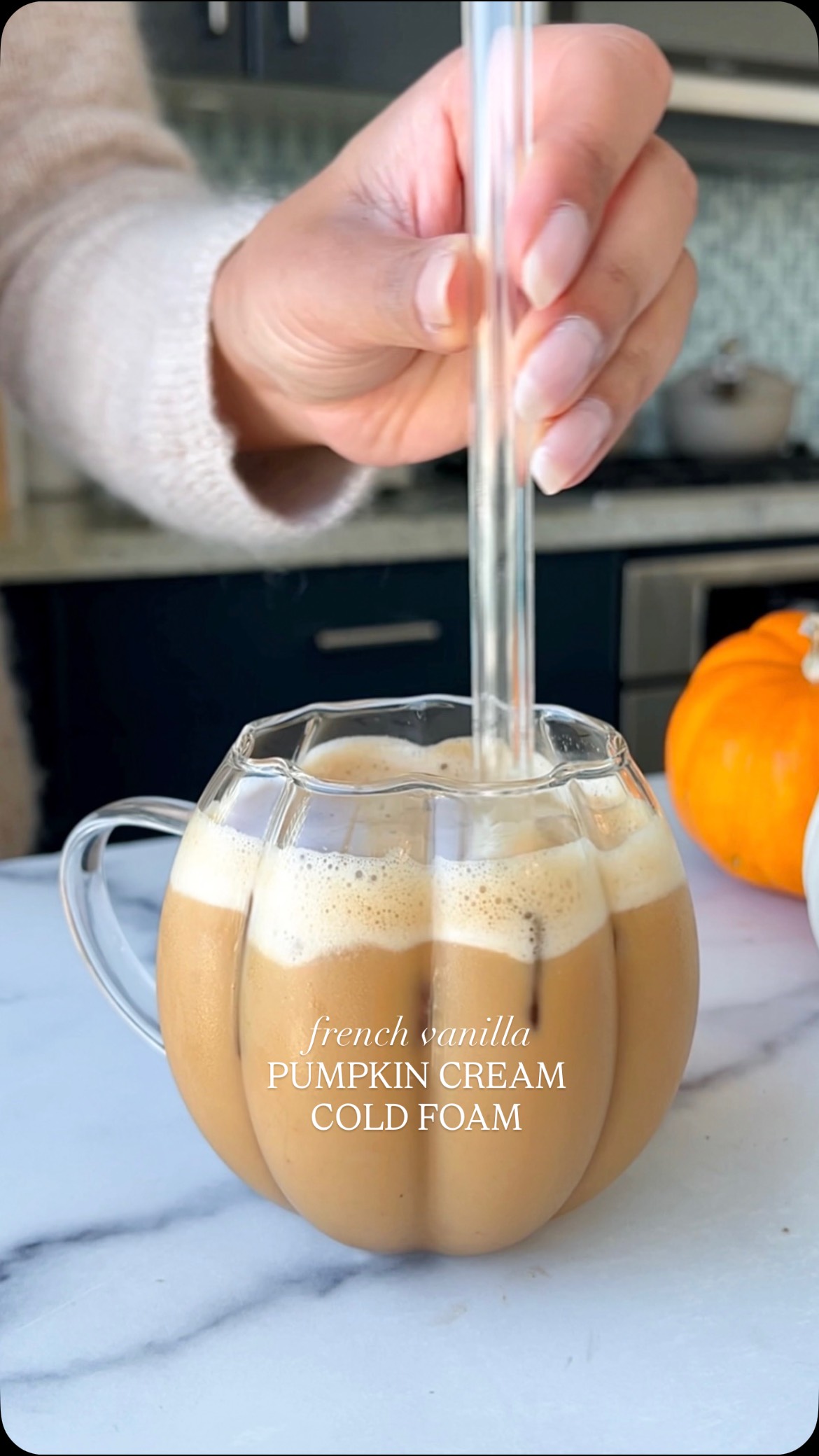 Instagram post by @wakeupandkale for Earth’s Own. Caption reads: Vanilla pumpkin cream cold foam! 🎃 but make it....