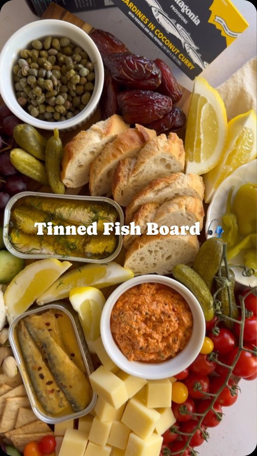 Instagram post by @thehealthyishfood for Patagonia Provisions. Caption reads: Tinned Fish Board 🎣 using @patagoniaprovisions....