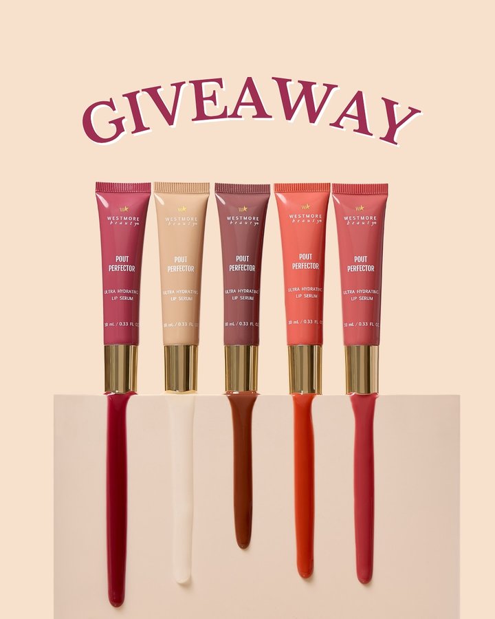 Instagram post by @mwestmore for Westmore Beauty. Caption reads: 💄 GIVEAWAY 💄 

Our NEW Pout Perfector lip serums....