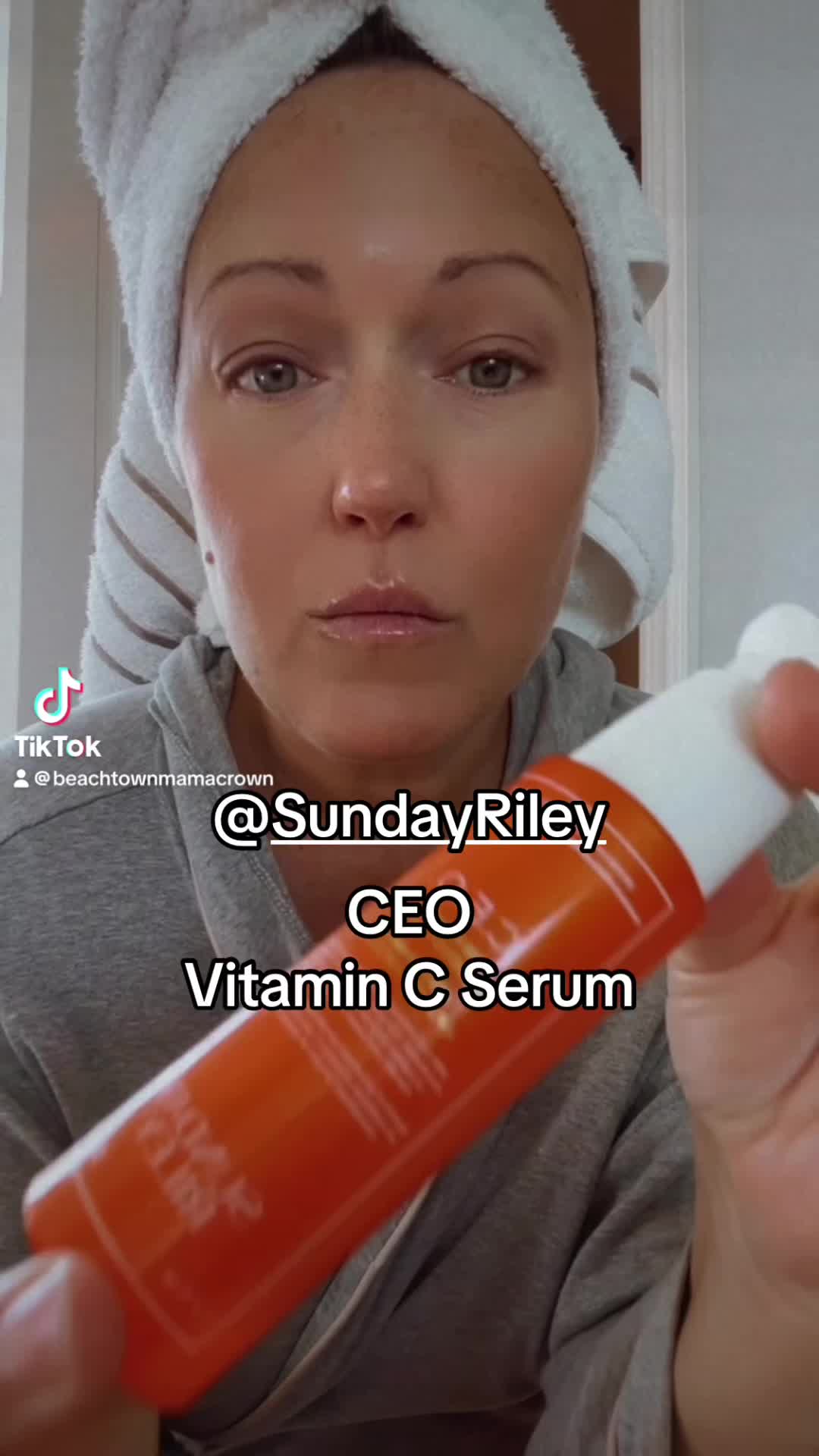 TikTok post by @beachtownmamacrown for Sunday Riley. Caption reads: @Sunday Riley CEO is a daily must! Also [...].