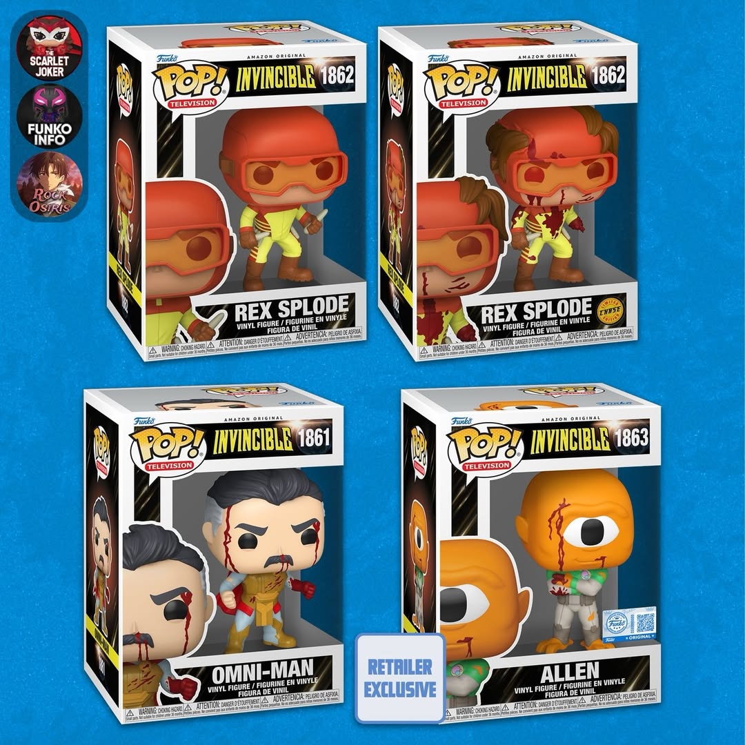 Instagram post by @funkopopsnews for Funko. Caption reads: First look! Invincible Funko POPs! Dropping this....