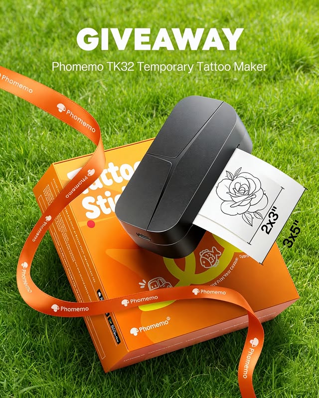 Instagram post by @phomemo_tattoo for Phomemo. Caption reads: [...] Now’s your chance! 🎁Prize: Phomemo TK32....