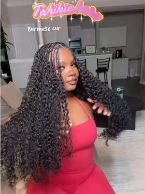 TikTok post by @pristinaspurpose for Tahikie Hair Shop. Caption reads: In loveeee with this crochet burmese curly with....