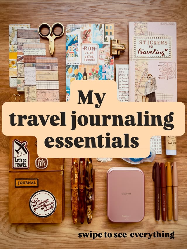 Instagram post by @me_and_my_happydesk for ぺんてる. Caption reads: My travel journaling essentials [...].
