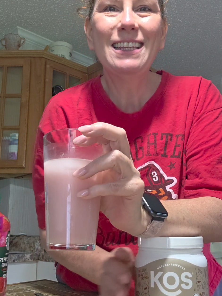 TikTok post by @shantel..omg for KOS. Caption reads: [...] #pinkdrink #drink #hydration @KOS Superfoods.