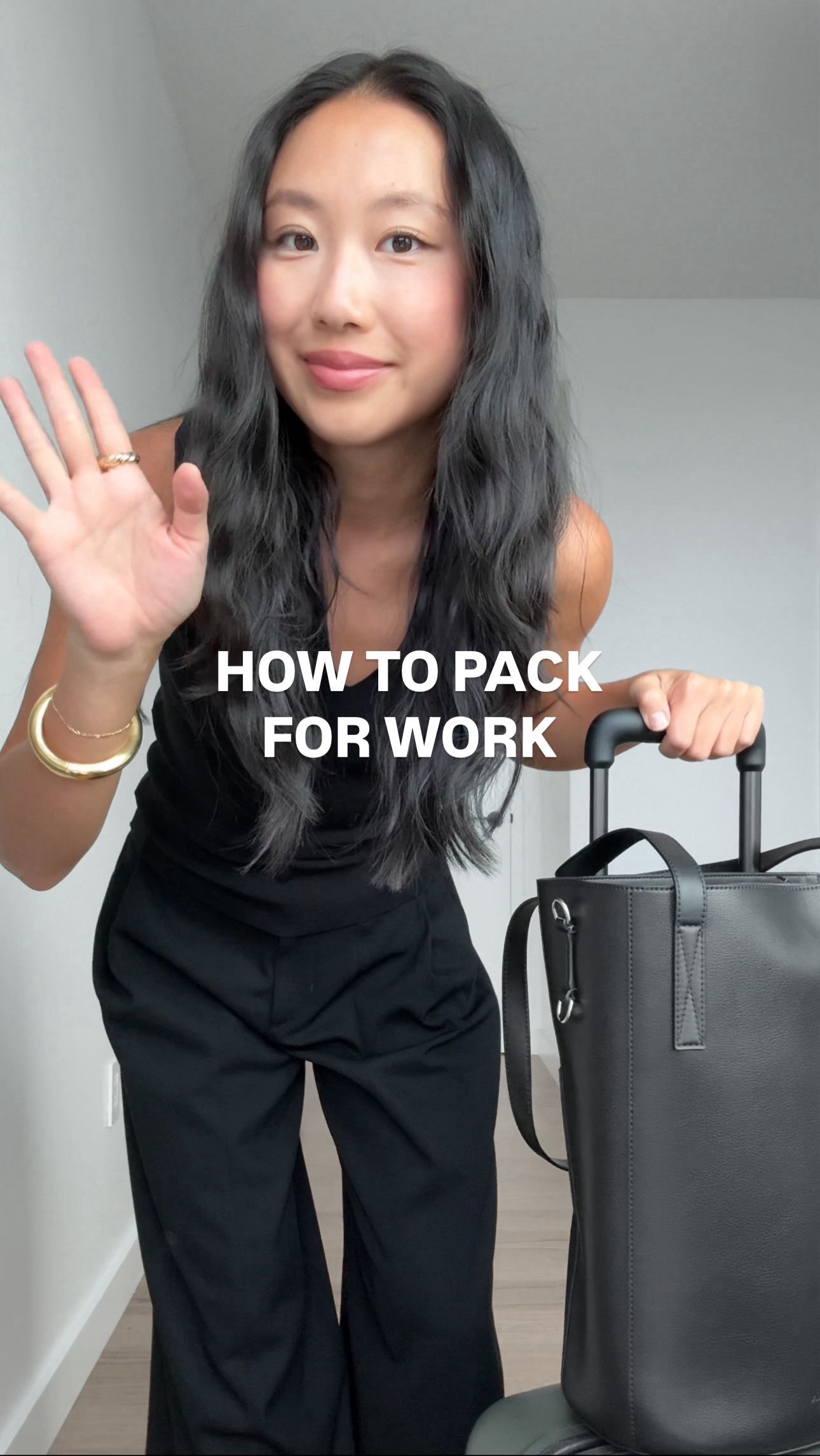 Instagram post by @judyxkam for CALPAK. Caption reads: [...] 2!! HOW TO PACK FOR A WORK TRIP! the @calpak....