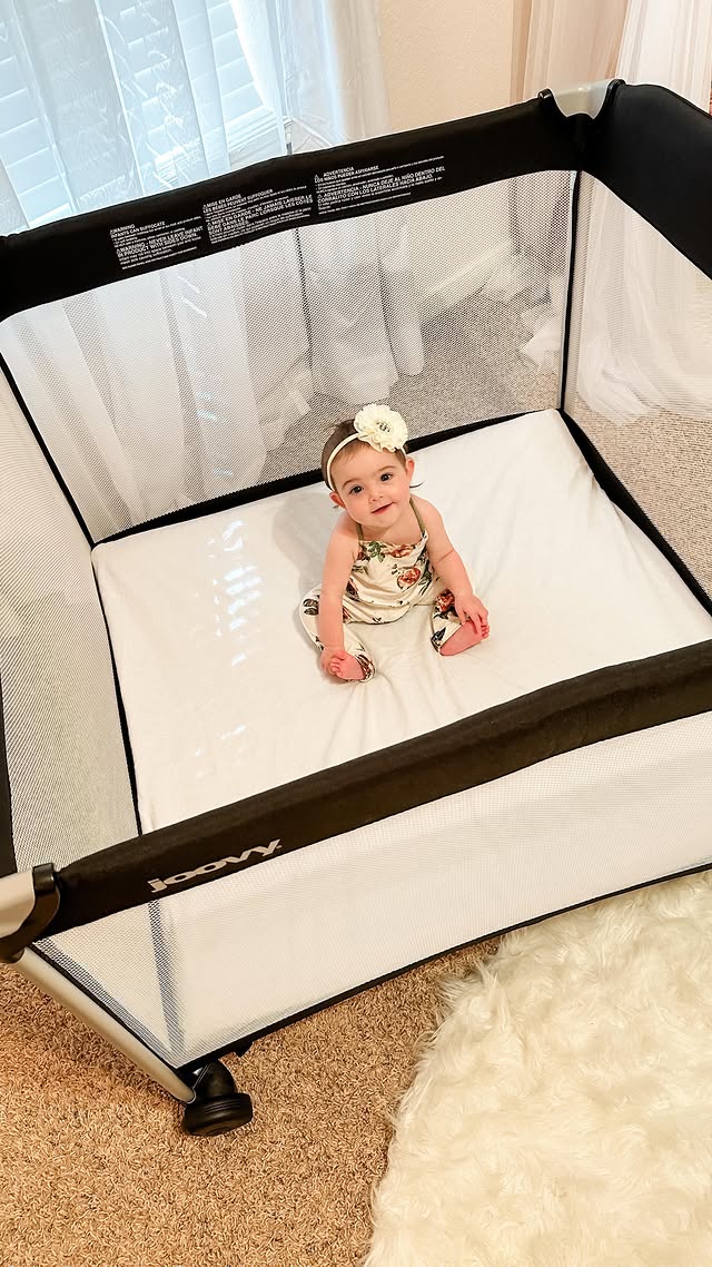 Instagram post by @thefrederickjourney for Joovy. Caption reads: The Joovy room2 play yard is so easy to set up and....