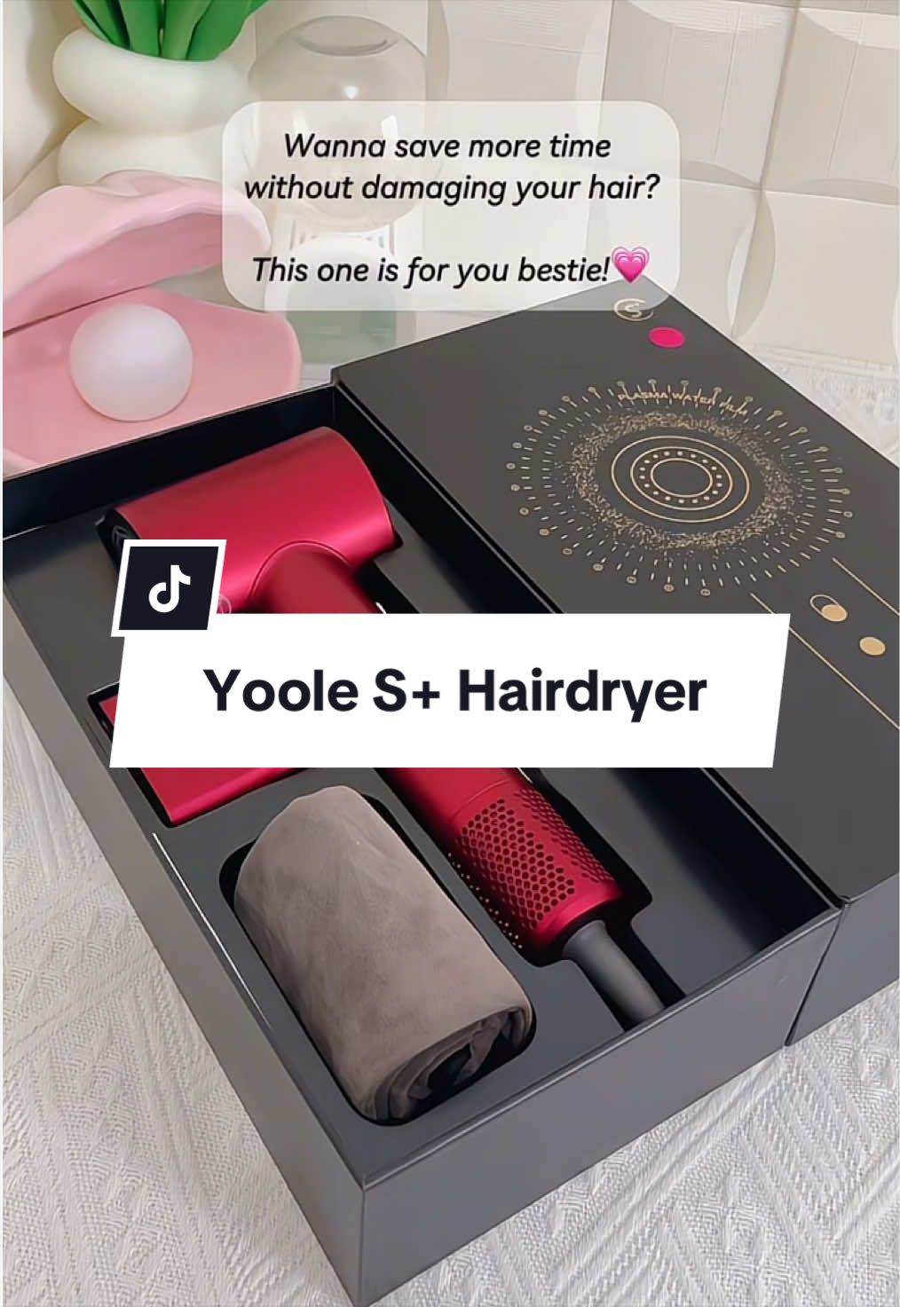 TikTok post by @bellesya for Yoole. Caption reads: This pretty hairdryer from @Yoole MY definitely....