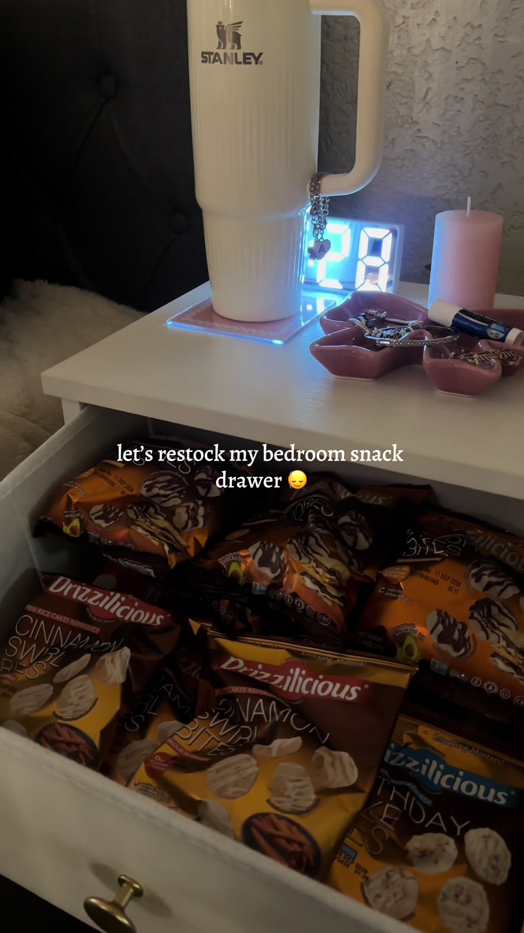 TikTok post by @jazminee_v for Drizzilicious. Caption reads: my favorite snacks at the moment! 😋....