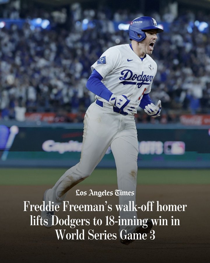 Instagram post by @latimes_sports for Los Angeles Times. Caption reads: Freddie Freeman hit a walk-off home run to lead....