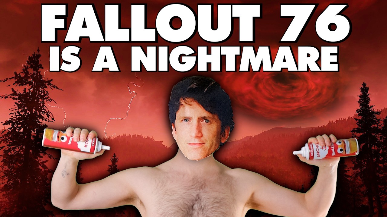 YouTube post by @UpIsNotJump for Displate. Caption reads: Fallout 76 Is An Absolute Nightmare - This Is Why.