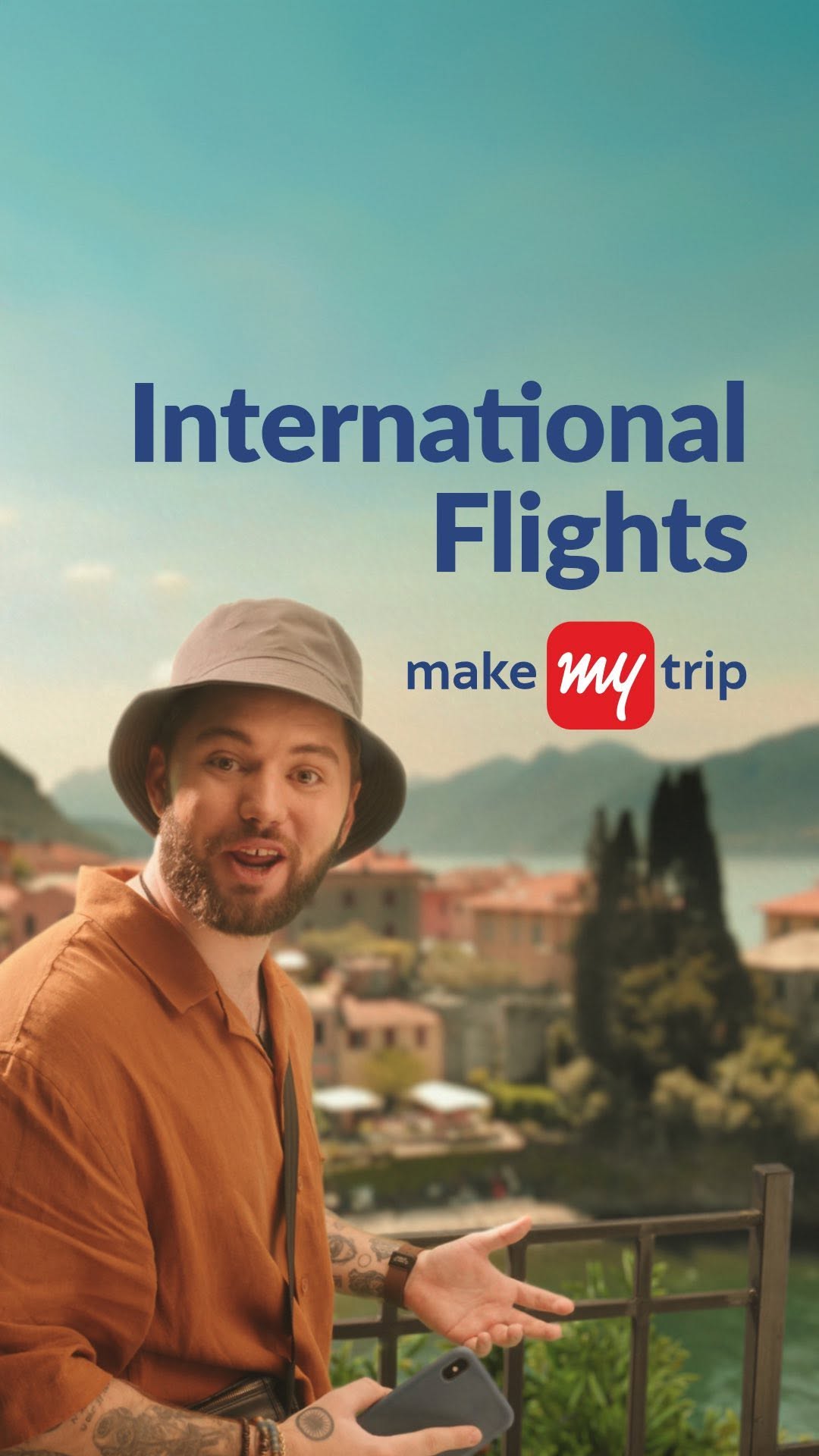 Instagram post by @indiadrew77 for Makemytrip. Caption reads: Papa, don’t preach ✋🙄
International flights only....