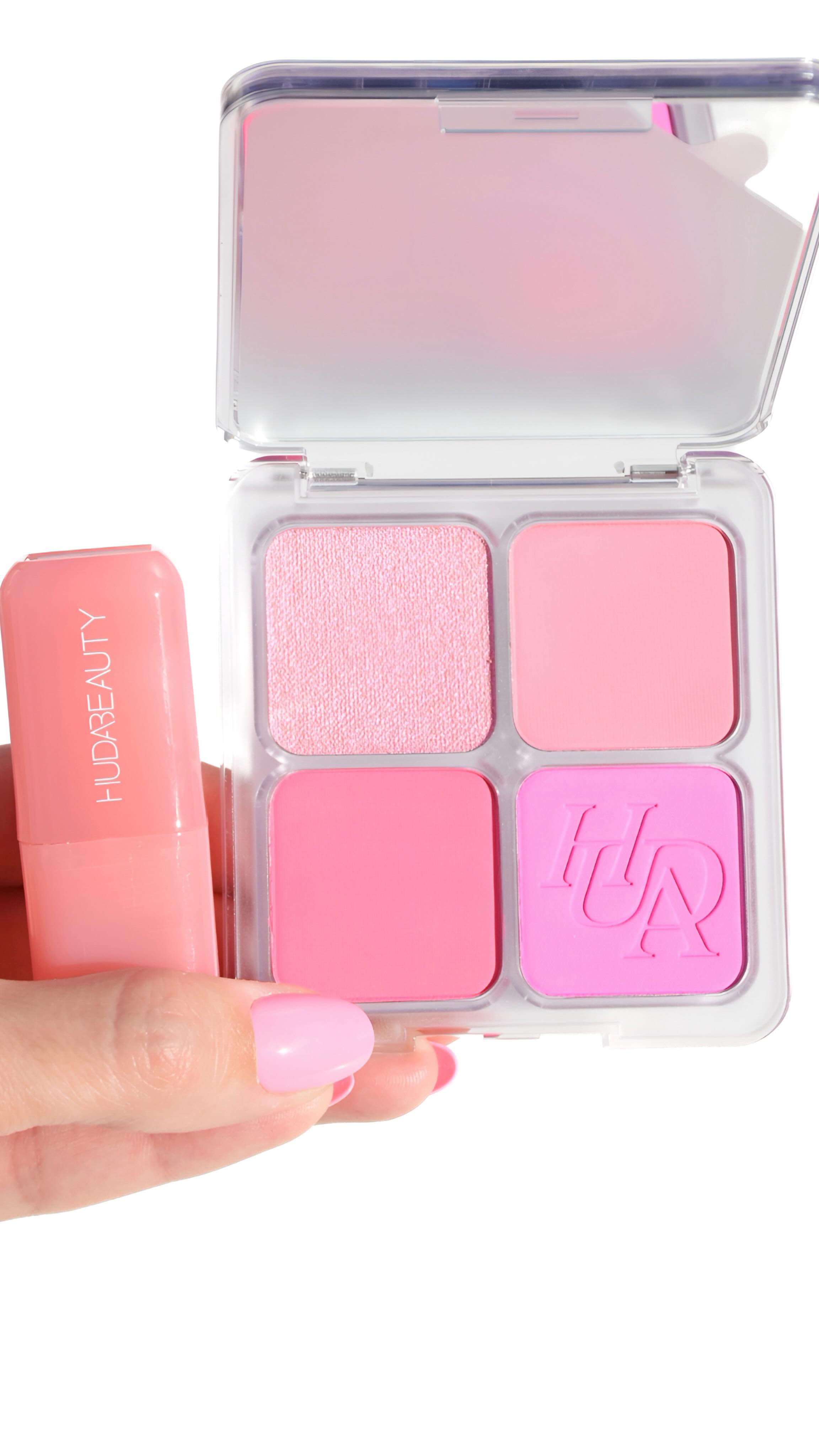 Instagram post by @luabeautyworld for Huda Beauty. Caption reads: 🎀🍑🍓 The new @hudabeauty Blush Filter Palettes....