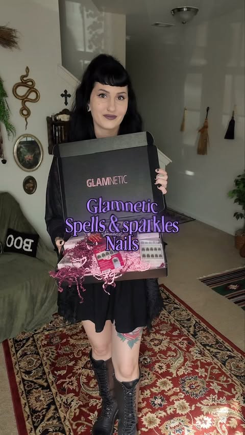 Instagram post by @itsbrittany_witch for Glamnetic. Caption reads: Witchy nails from @glamnetic . Perfect for spooky....