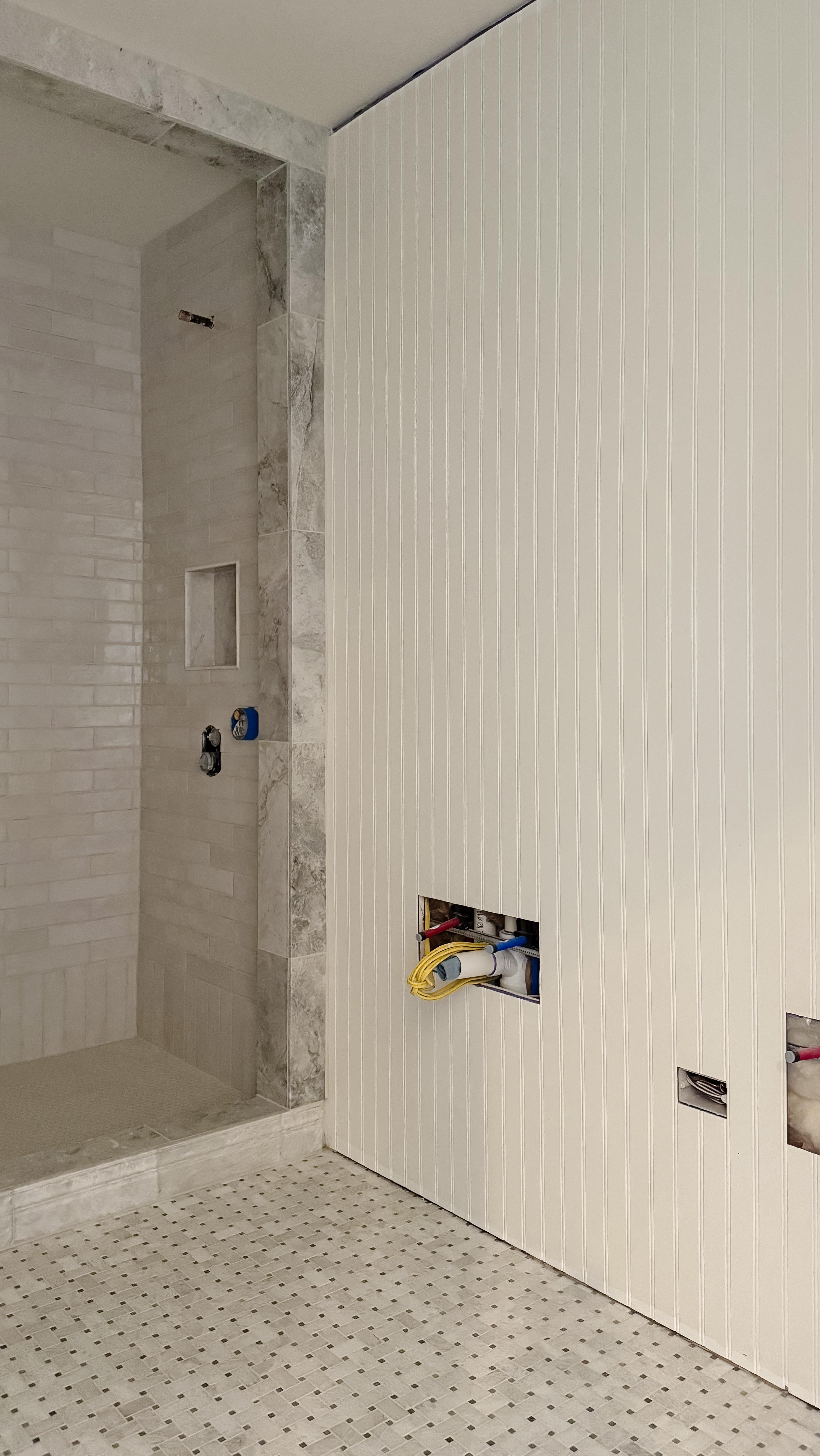 Instagram post by @rignellranch for Benjamin Moore. Caption reads: Bathroom beadboard is done and I can see the....